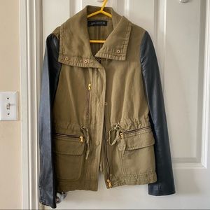 Like New Zara Leather Sleeve Utility Anorak Khaki Jacket XS